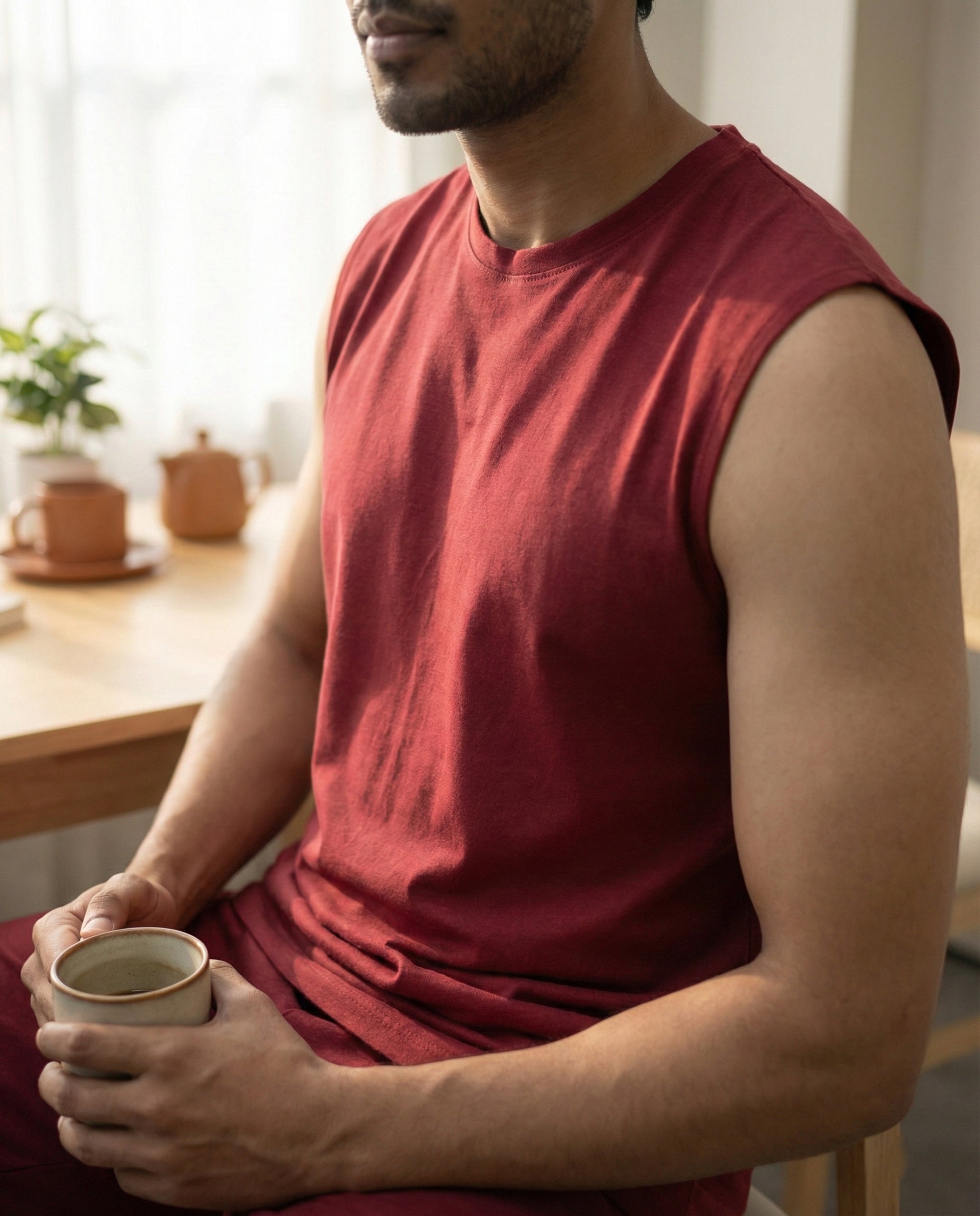 Wine maroon Airknit sleeveless tee by Softsleep, designed for men with breathable bamboo cotton and a relaxed feel for daily comfort.