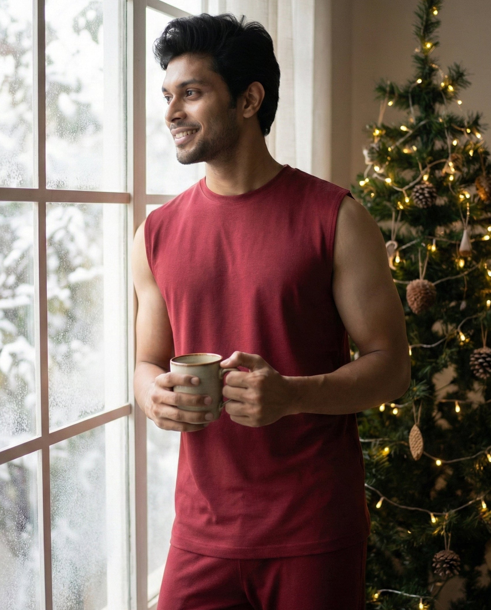 Men's wine maroon Airknit sleeveless tee by Softsleep, crafted from bamboo cotton for lightweight comfort and relaxed loungewear style.