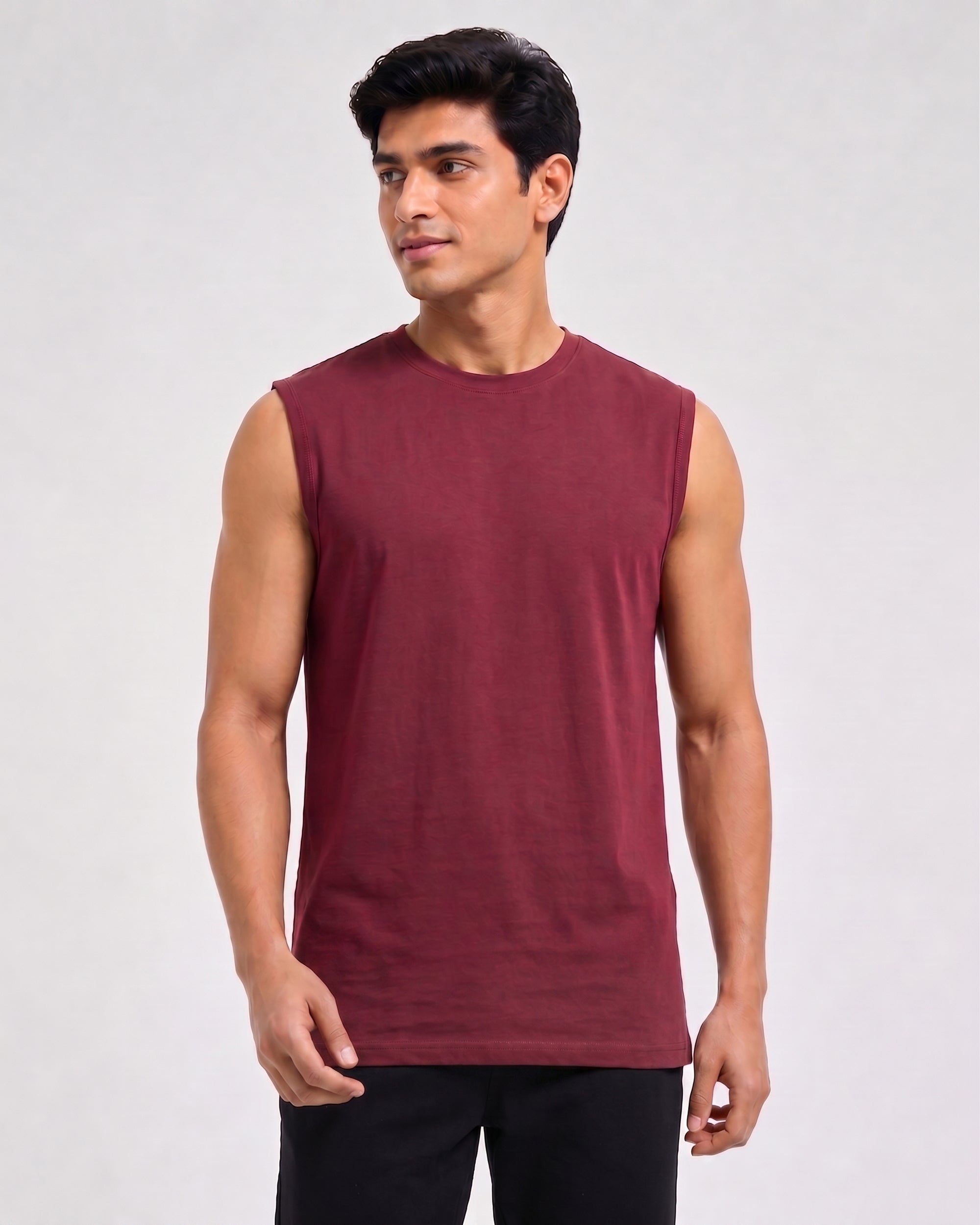 A wine maroon Airknit sleeveless tee for men by Softsleep, made with breathable bamboo cotton for soft comfort throughout the day.