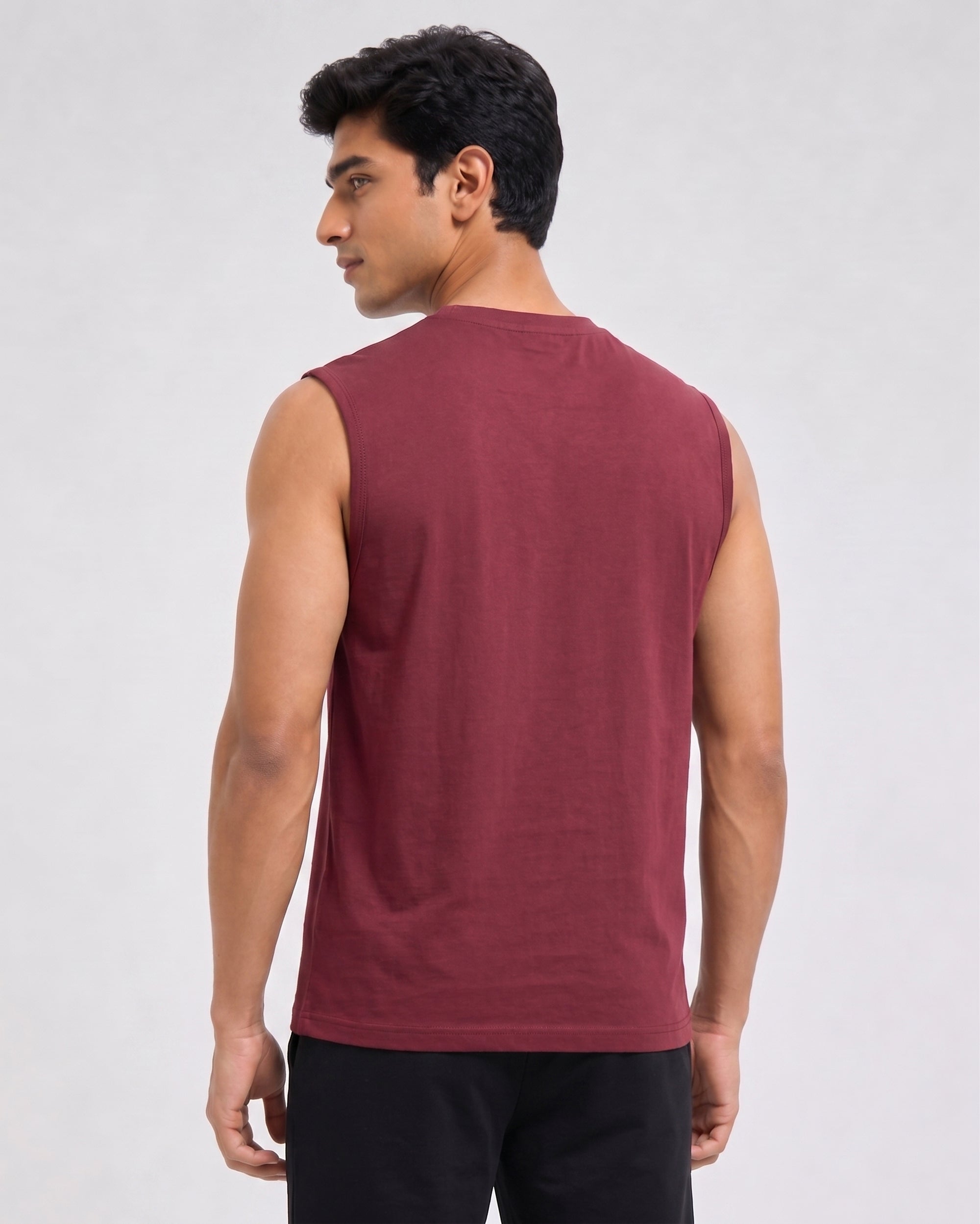 Men's wine maroon Airknit sleeveless tee from Softsleep, combining lightweight bamboo cotton with breathable comfort for daily loungewear.
