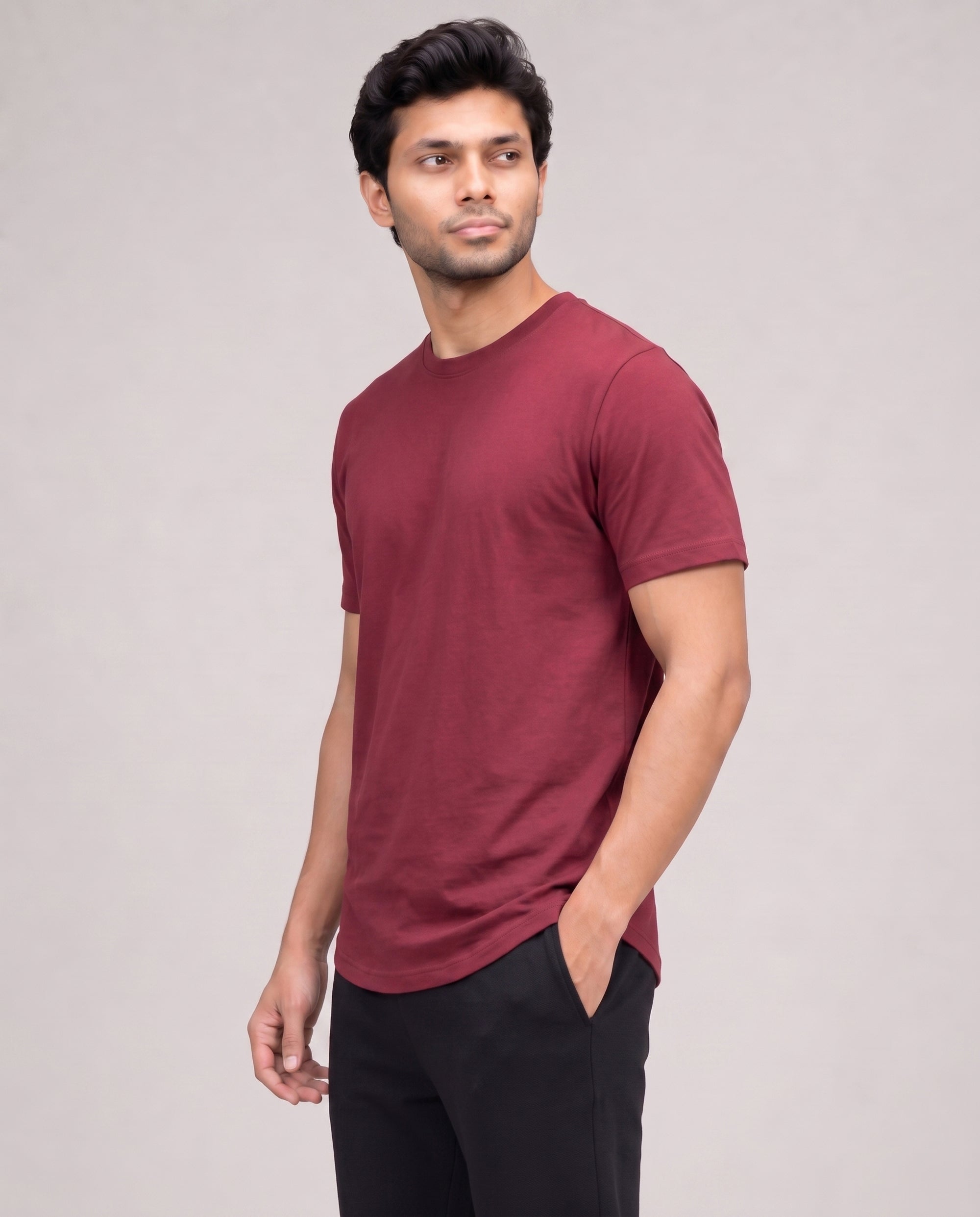 Wine maroon Cosmo half sleeve tee from Softsleep, crafted for men in soft bamboo cotton for comfortable and effortless loungewear.