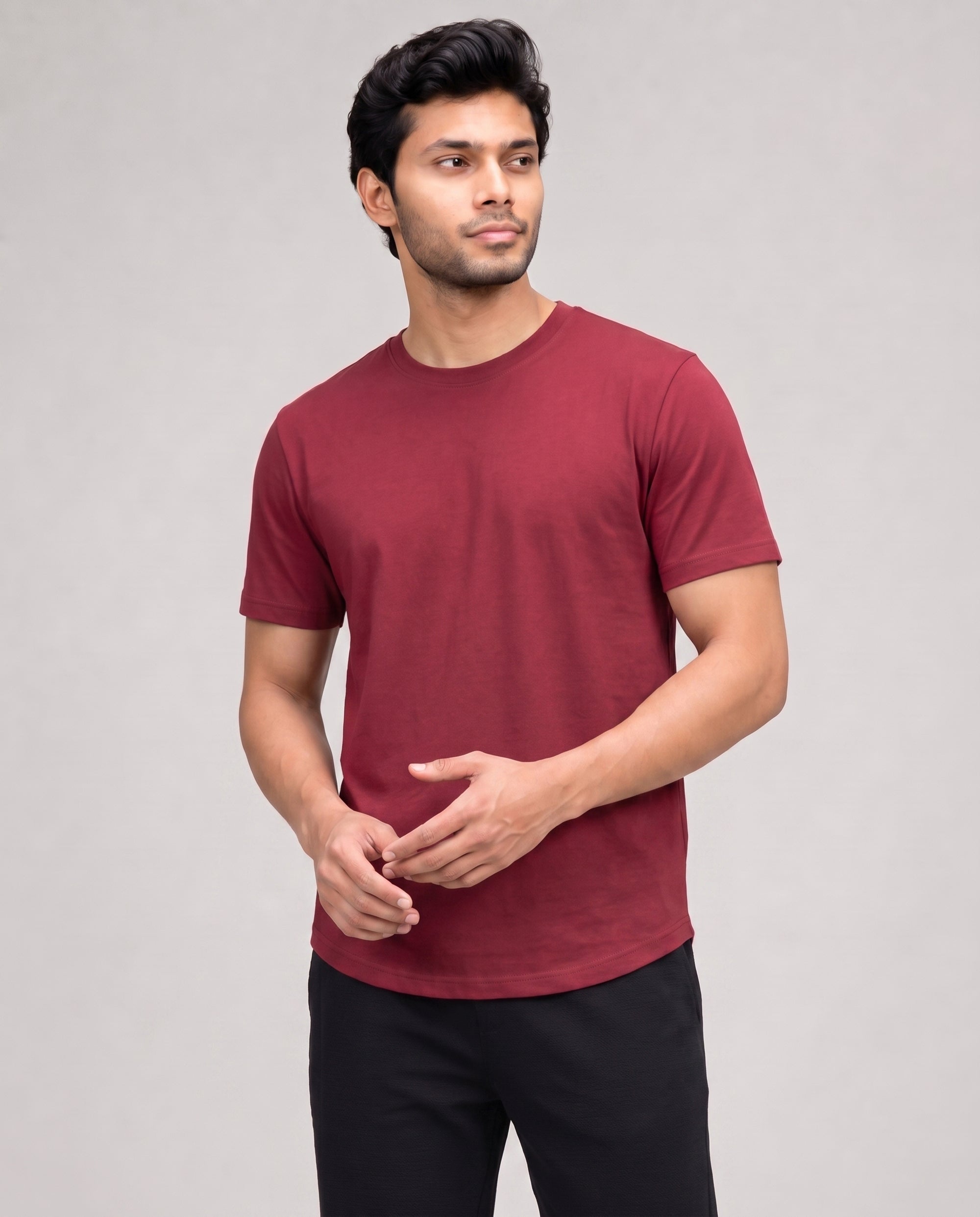 A men's wine maroon Cosmo tee by Softsleep, featuring half sleeves and breathable bamboo cotton for comfortable everyday loungewear.