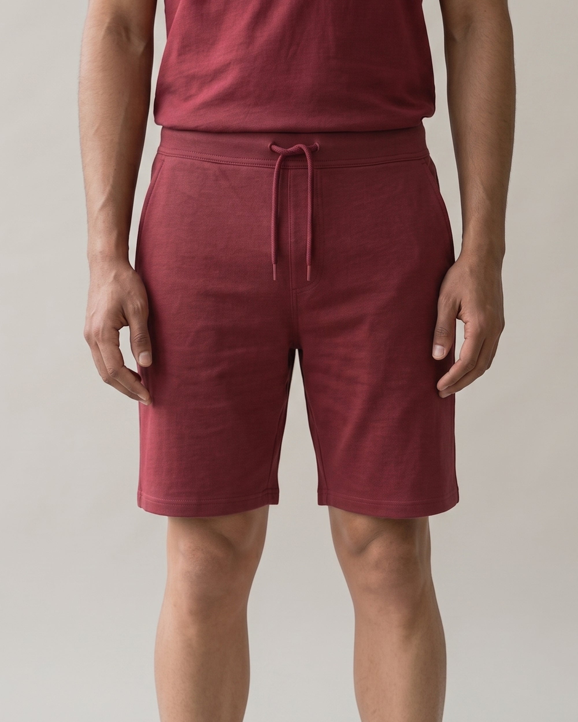 Wine maroon Hushy lounge shorts for men from Softsleep, designed in soft bamboo cotton for easy movement and laid-back comfort.
