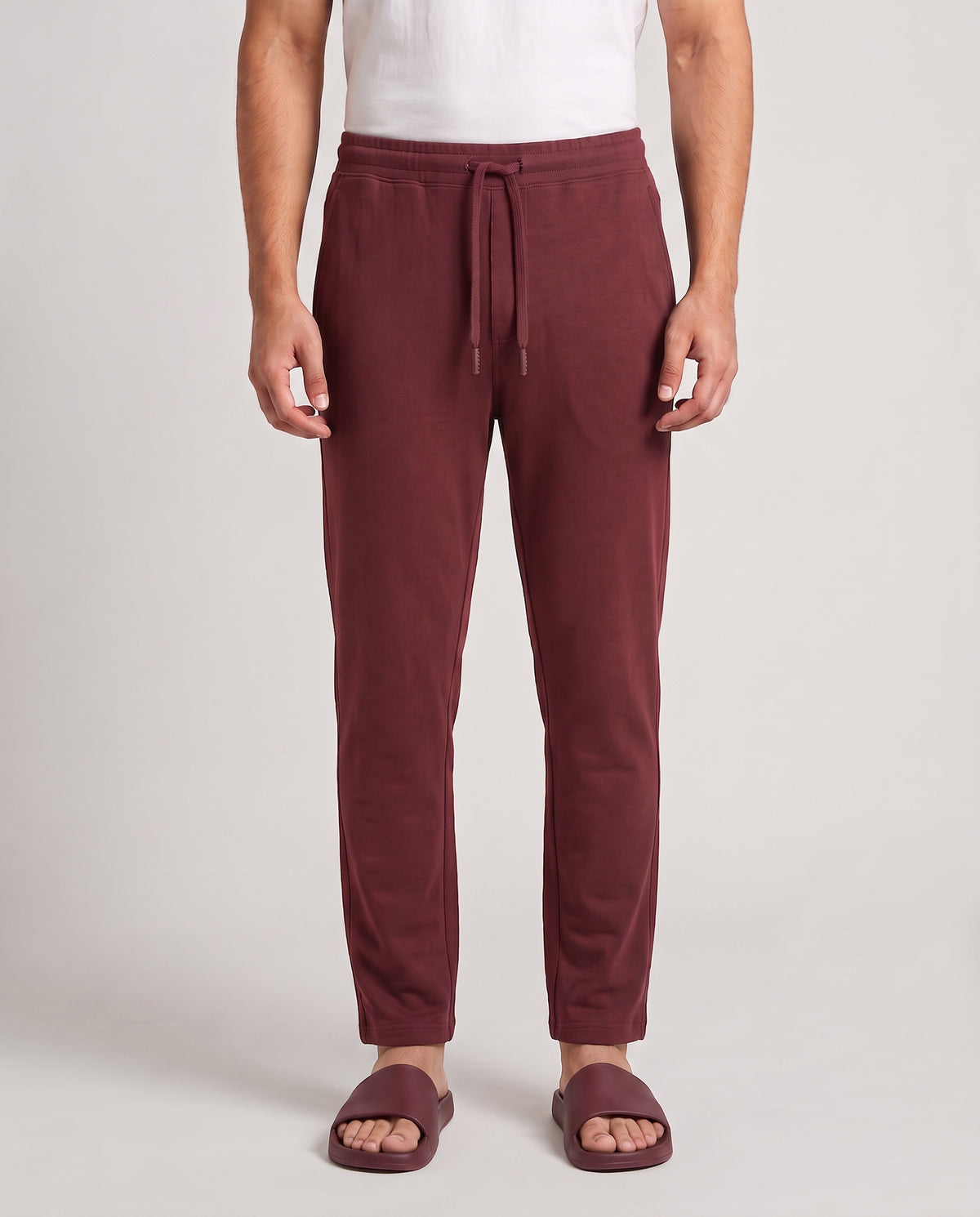A wine maroon Urbanite pant for men by Softsleep, made from bamboo cotton for a smooth feel and comfortable everyday loungewear.